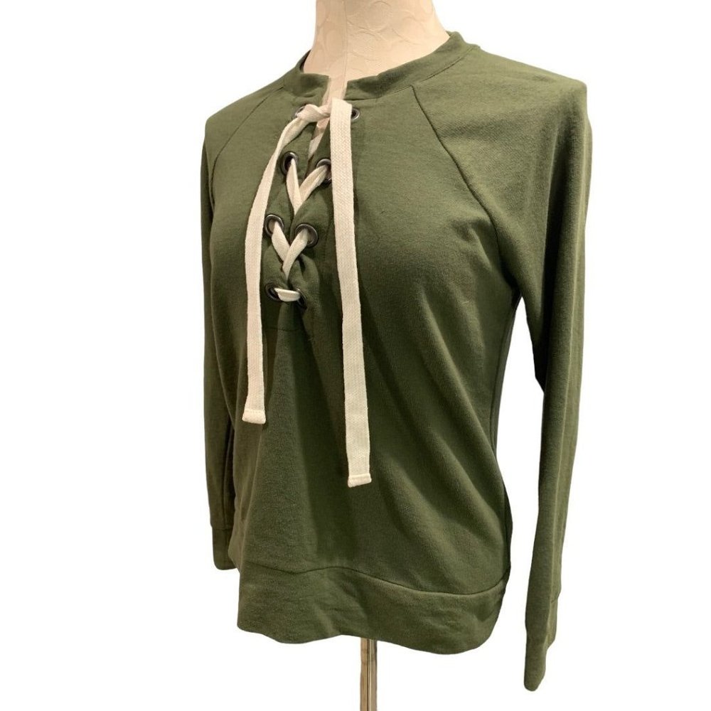 XS A.N.A. Women's Olive Green Lace Up Neckline Lightweight Sweatshirt - Picture 3 of 8